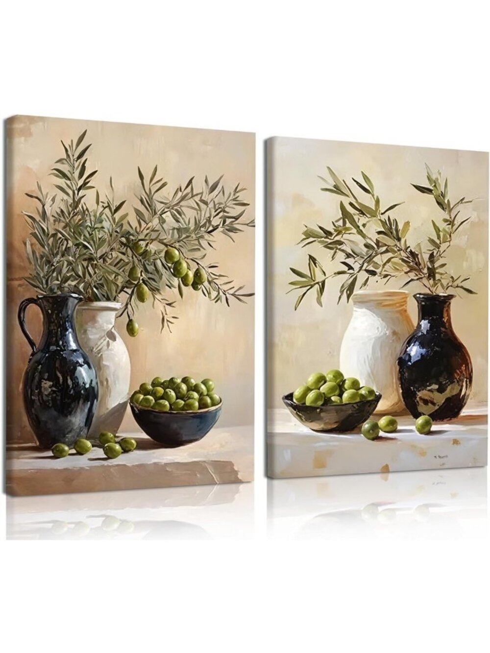 Olive Branch Still Life Wall Art Set - 2-Piece Neutral Kitchen Canvas Decor
